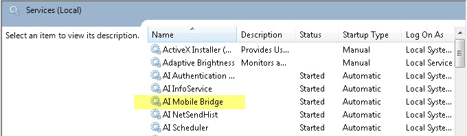 Services list showing AI Mobile Bridge