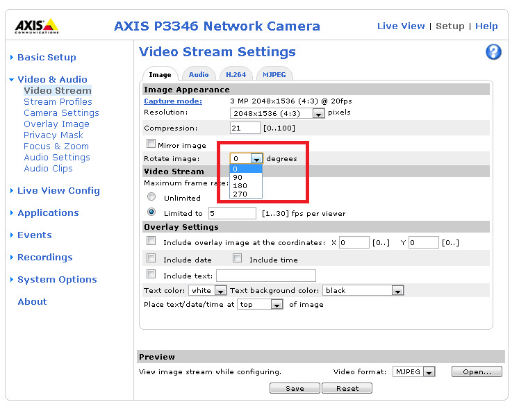 Axis camera web page, rotate video option