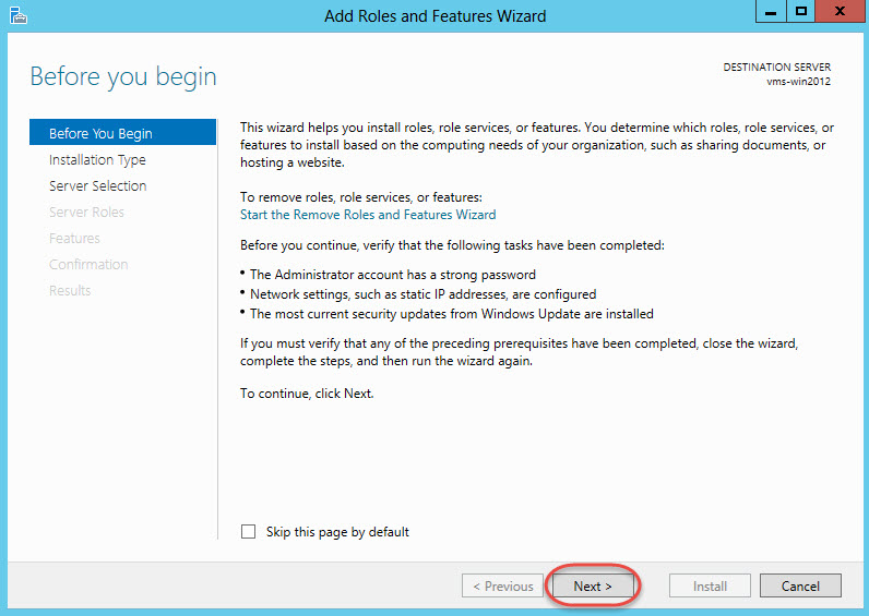 Windows Server 2012 > Add Roles and Features Wizard > Before You Begin