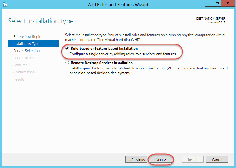 Windows Server 2012 > Add Roles and Features Wizard > Installation Type