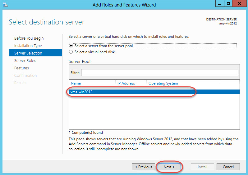Windows Server 2012 > Add Roles and Features Wizard > Server Selection