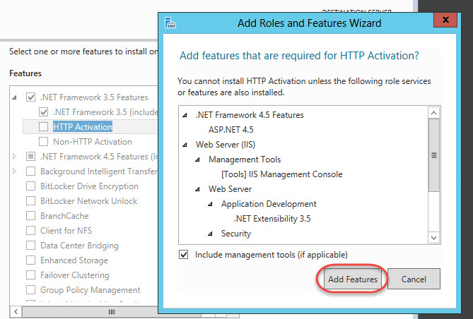 Windows Server 2012 > Add Roles and Features Wizard > .NET Framework Features Required