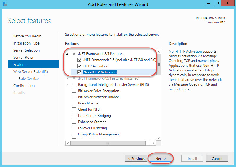 Windows Server 2012 > Add Roles and Features Wizard > .NET Framework Features Ready to Install