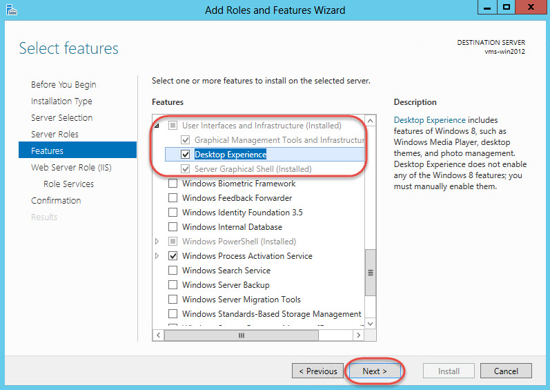 Windows Server 2012 > Add Roles and Features Wizard > Desktop Experience Features Ready to Install