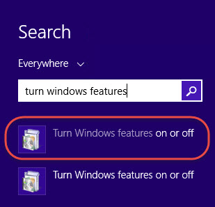 Windows 8 > Search > Turn Windows features on or off