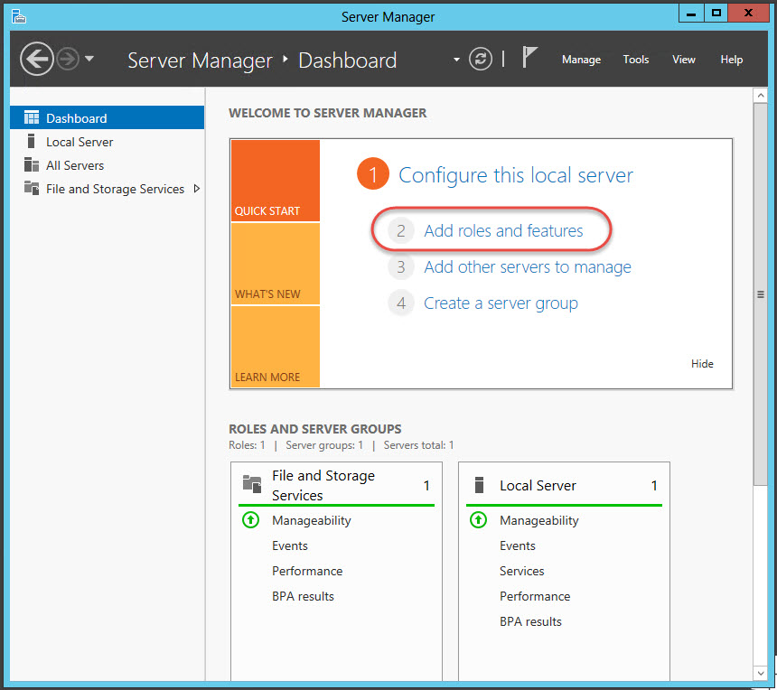Windows Server 2012 > Server Manager > Dashboard > Add roles and features