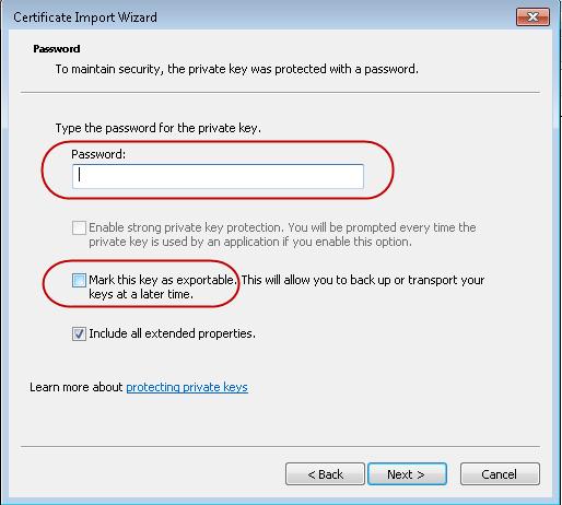 certificate import wizard - password screen