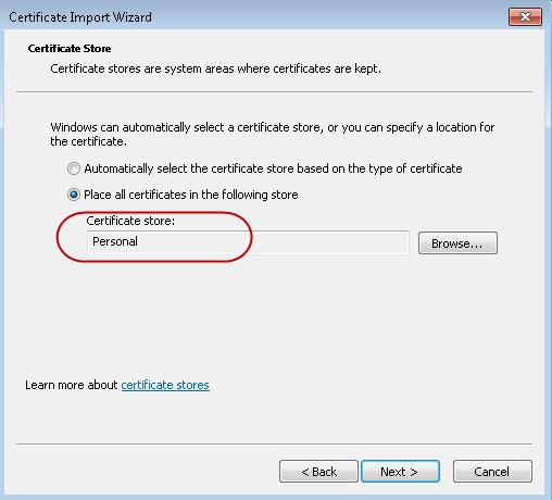 certificate import wizard - certificate store wizard screen