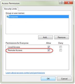 COM Security tab > Access Permissions > Edit Limits > Everyone Group - enable remote permissions