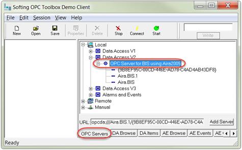 Softing OPC Toolbox Demo Client > OPC Servers tab > Local > Data Access V2 > OPC Server for BIS using Aira2005