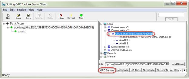 Softing OPC Toolbox Demo Client > OPC Servers tab > Local > Data Access V2 > OPC Server for BIS using Aira2005 - double-click to add