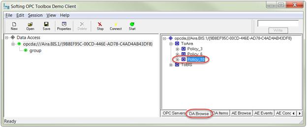 Softing OPC Toolbox Demo Client > DA Browse tab > ToAira > Policy_xx