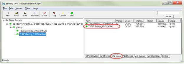 Softing OPC Toolkit Demo Client > DA Items tab > ToBIS.Policy_xx.Disabled > Value modified