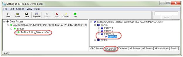 Softing OPC Toolkit Demo Client > DA Browse tab > ToAira > Policy_xx > Add AlarmOn