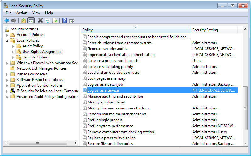 Local Security Policy dialog box in Windows 2012